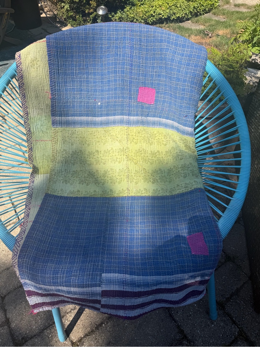 Handwoven Blue and Lime Kantha Throw with Pink Patches